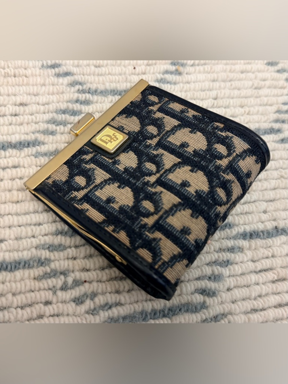 DIOR Vintage Rare Blue Trotter Monogram Canvas Kiss Lock Coin Purse W/ Gold - Picture 4 of 12